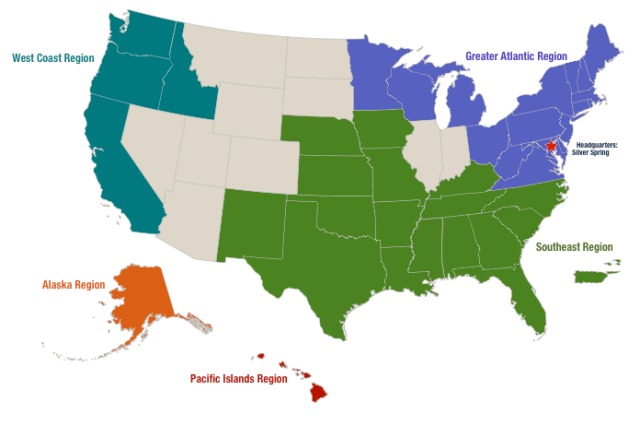 Map of the United States with the geographic areas of NOAA Fisheries' five regions highlighted in unique colors.